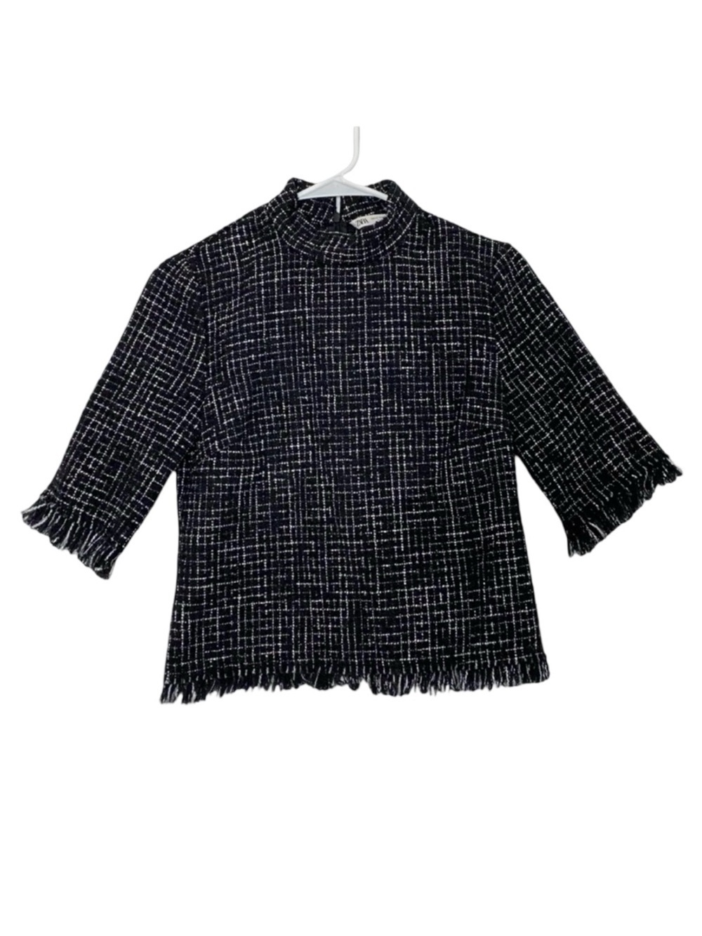 Zara Tweed Top Womens Size XS Black White Fringe Frayed Mock Neck Shirt Blouse